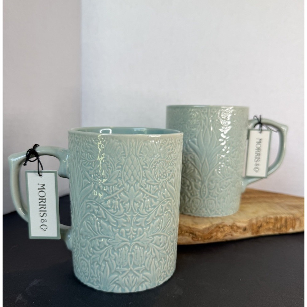 William Morris & Co. Bachelors Button Embossed Mugs Set of 2 Aquamarine Aqua